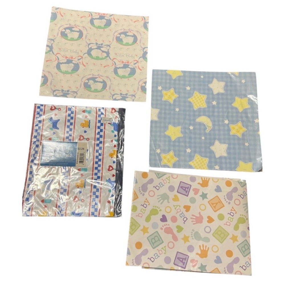 Vintage Baby Shower Wrapping Paper Lot Deadstock Pastel Dream Retro Gift Wrap